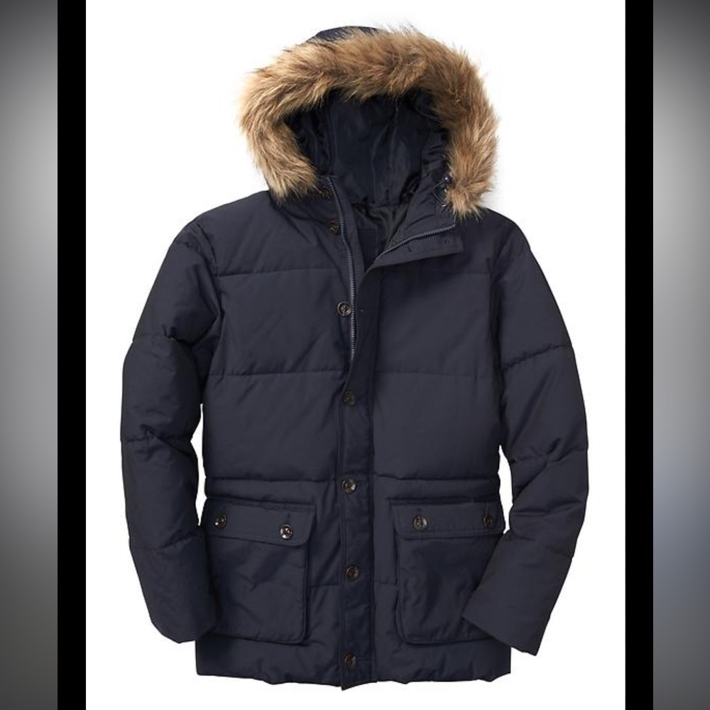 Mens GAP Quilted Faux Fur Zip Up Puffer Winter Fall Jacket Navy Blue